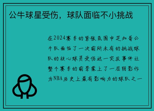 公牛球星受伤，球队面临不小挑战