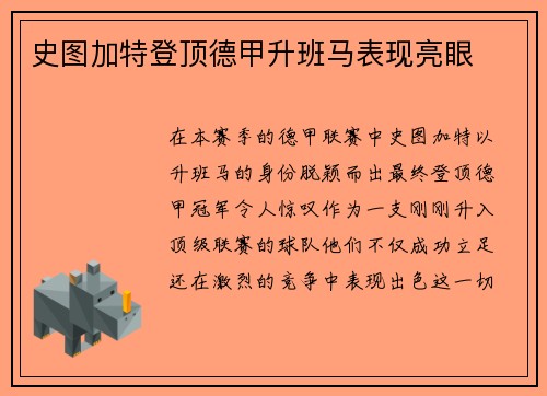 史图加特登顶德甲升班马表现亮眼