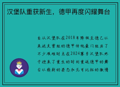 汉堡队重获新生，德甲再度闪耀舞台